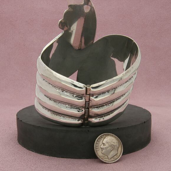 mexico sterling silver vintage beaded hinged clamper cuff bracelet size 7in - Picture 2 of 3